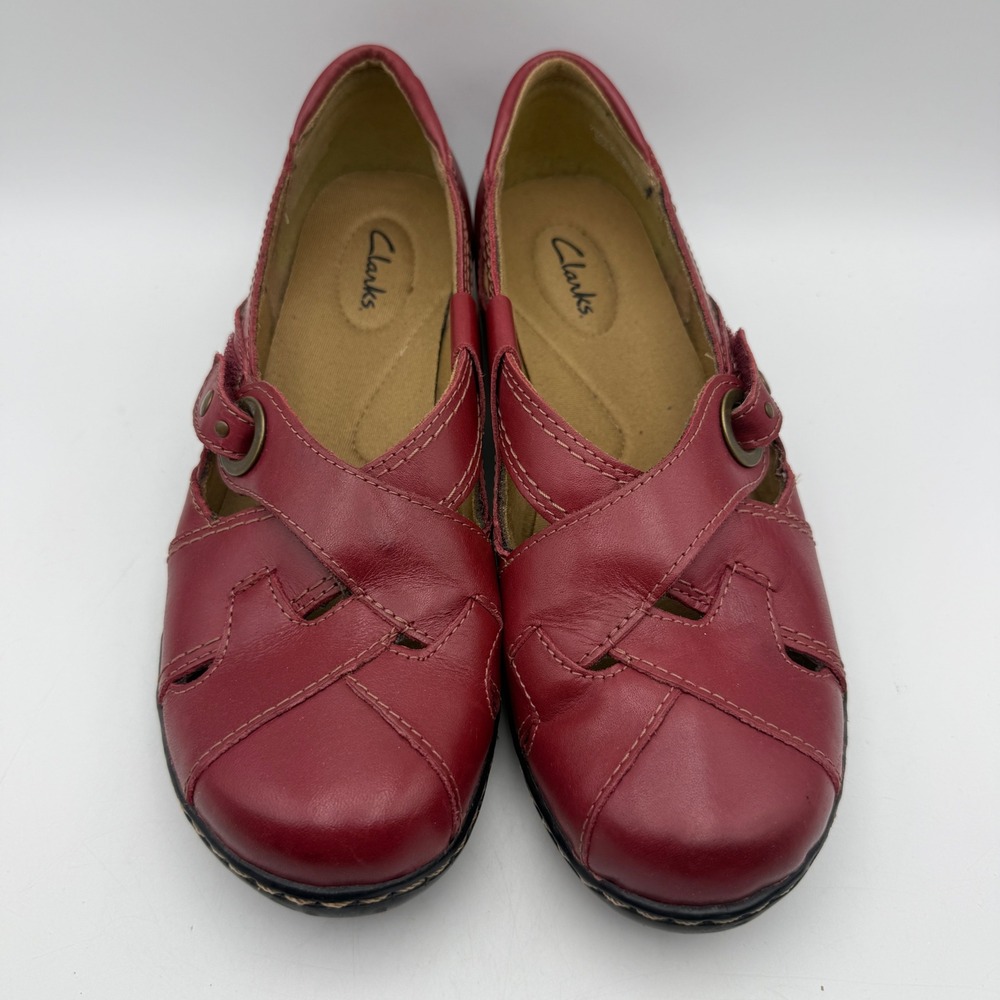 Clarks Mary Jane Flats Womens 9.5 Red Leather Cutout Strappy Comfort Casual - Picture 2 of 8
